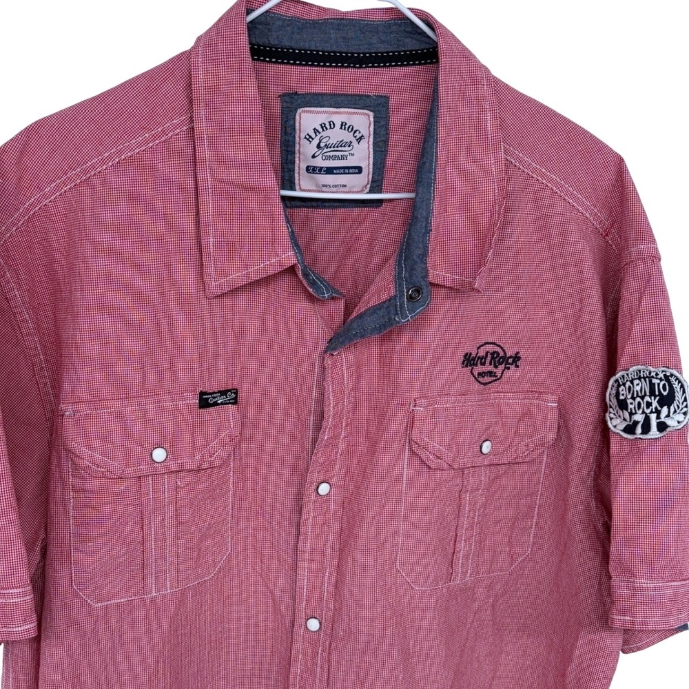 Hard Rock‎ Guitar Company Pearl Snap Shirt XXL Houndstooth Plaid Red Patches